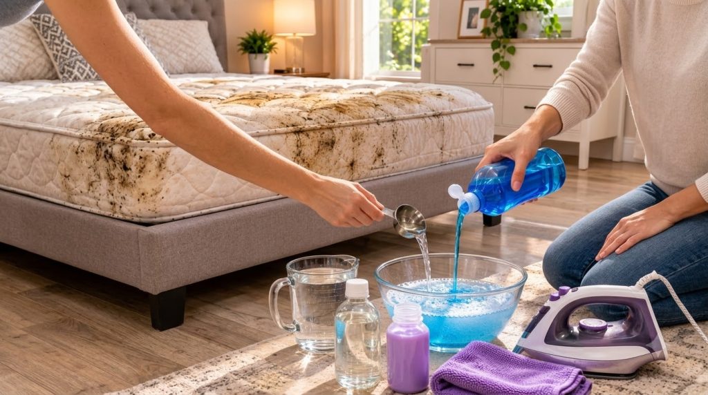 Hands mixing a blue liquid clear liquid and water in a glass bowl on a sunlit floor with a stained mattress visible in t