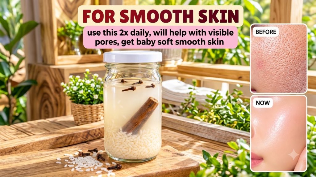 A clear glass jar filled with white rice water a single cinnamon stick and several cloves The background is blurred gree