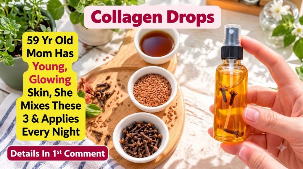 A hand holding a small spray bottle of golden liquid with cloves next to bowls of flax seeds and more cloves on a wooden