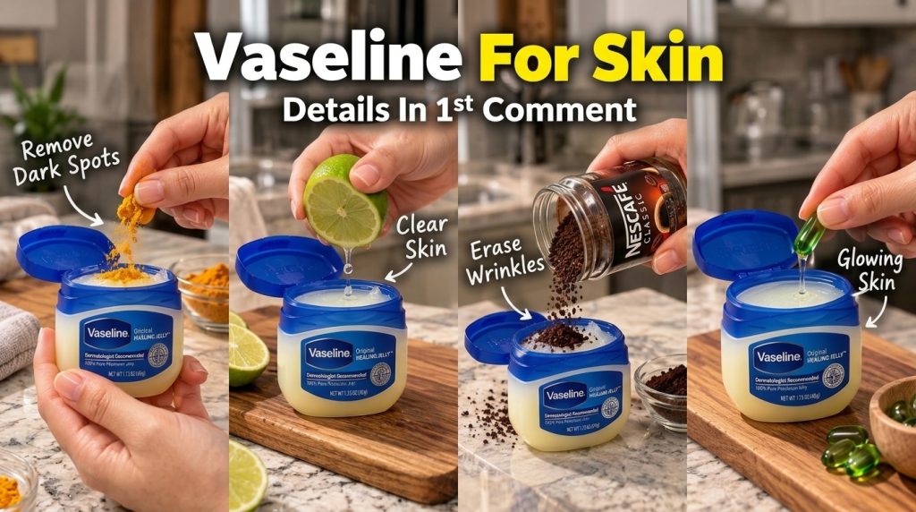 A 2x2 grid showing four hands mixing different natural ingredients into small tubs of Vaseline Top left turmeric powder 