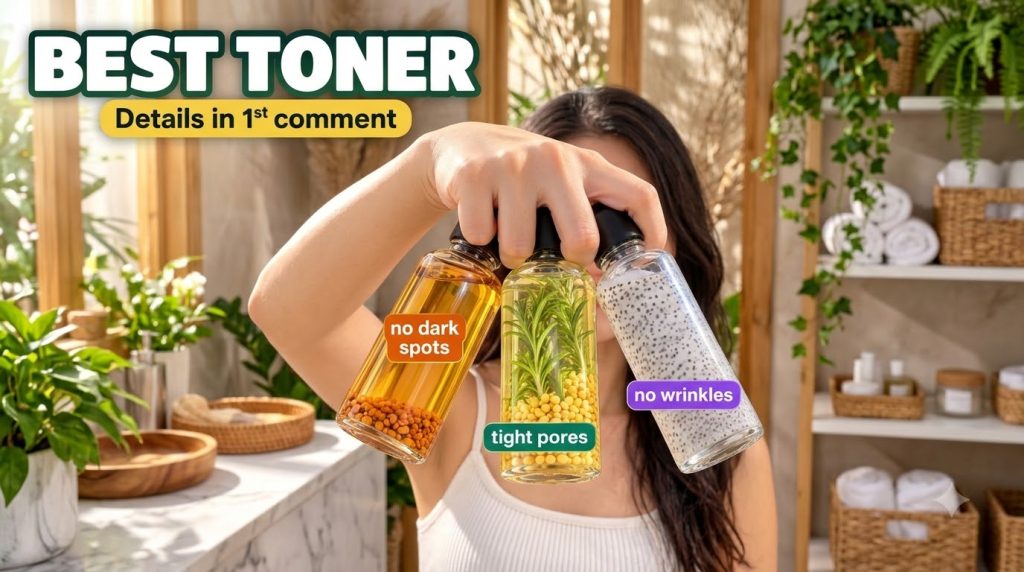 A hand holding three clear glass bottles each containing different natural liquid toners one with orange spheres for dar