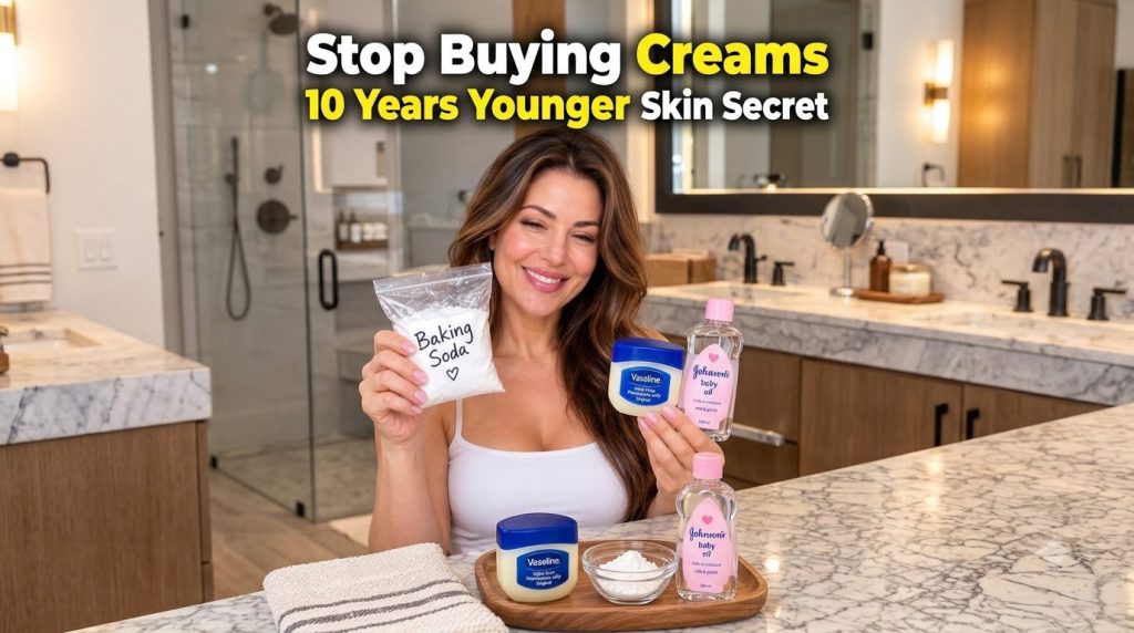 A smiling woman holding a bag of baking soda a tub of Vaseline and a bottle of baby oil with other beauty products on a