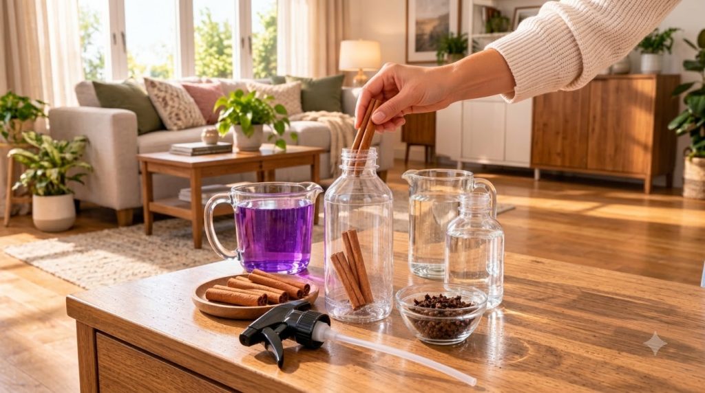 A hand placing a cinnamon stick into a glass bottle with a vibrant purple liquid in a measuring cup cloves cinnamon stic