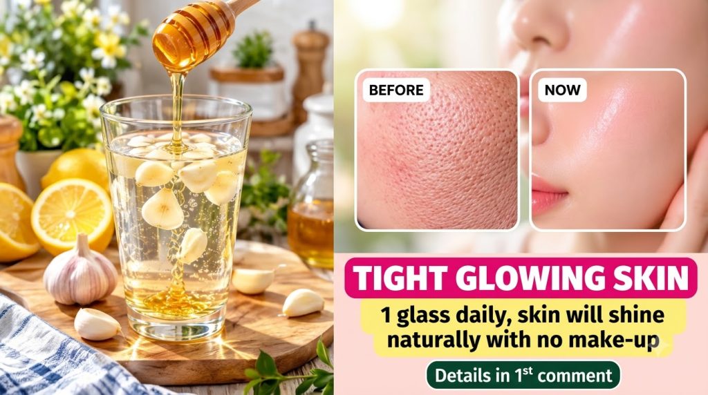 A multi-panel collage showing various natural ingredients honey being poured garlic lemons and a BEFORE skin shot with i