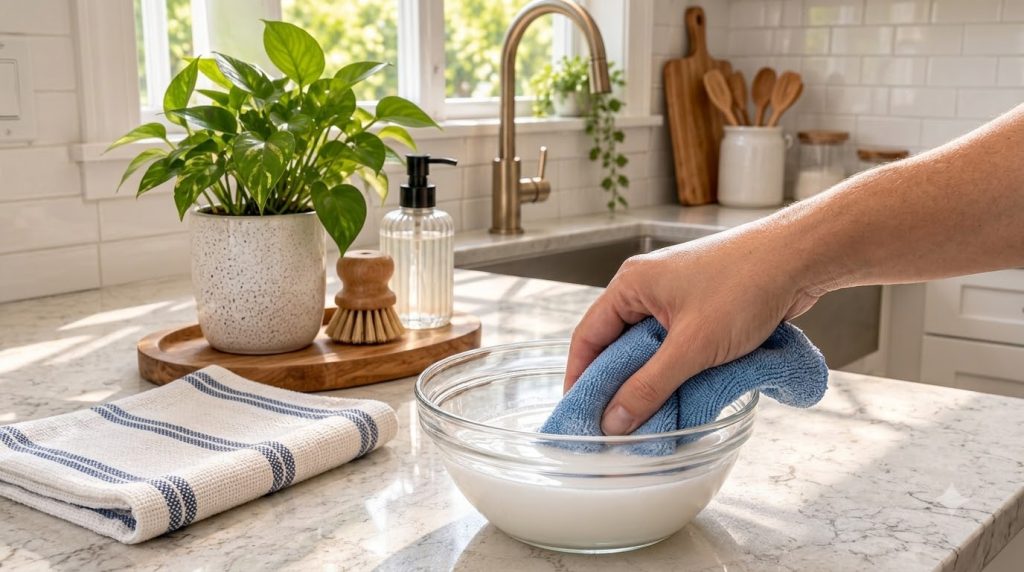 A hand gently dipping a blue microfiber towel into a clear glass bowl filled with milky white liquid set in a bright mod