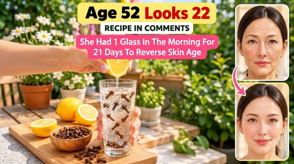 A hand squeezing a fresh lemon into a glass of water filled with cloves with a before face showing wrinkles and an after