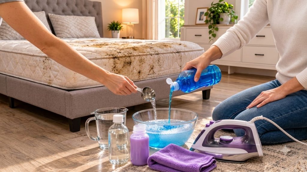 Hands mixing blue dish soap hydrogen peroxide and warm water in a glass bowl with a stained mattress in the background