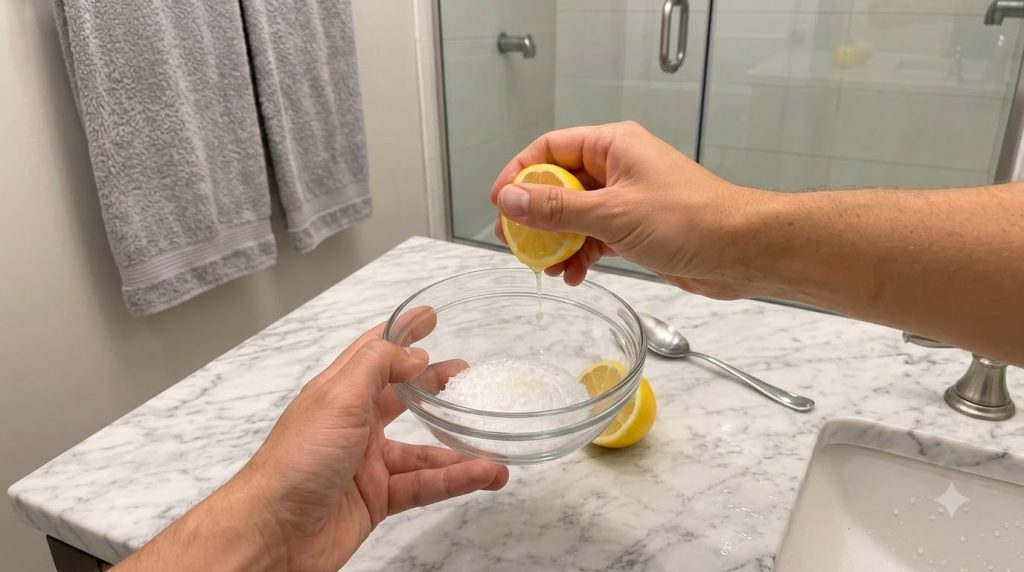 Hands squeezing half a lemon dripping juice into a clear glass bowl with white granular powder baking soda on a white ma
