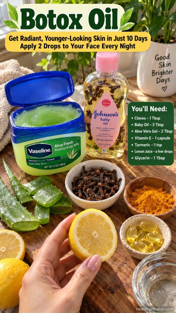 Overhead flat lay of all Botox Oil ingredients aloe vera leaves cut lemons dried cloves turmeric powder Vaseline Aloe Fr