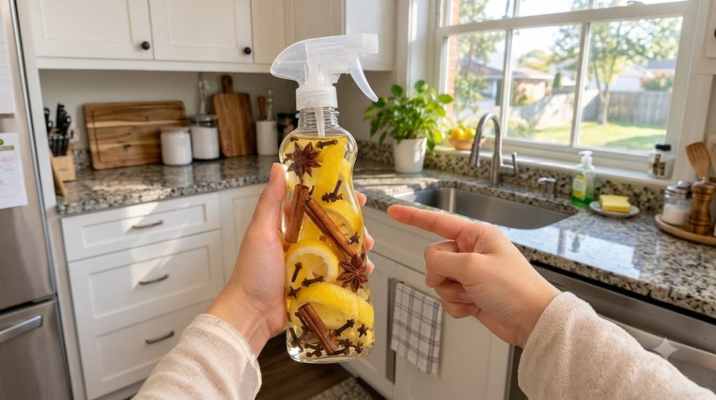 A pair of hands holding a clear spray bottle filled with water sliced lemons cinnamon sticks star anise and cloves The o