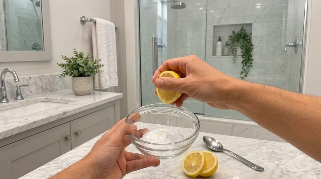 Hands squeezing a lemon into a bowl of baking soda on a white marble countertop with a modern bathroom in the background