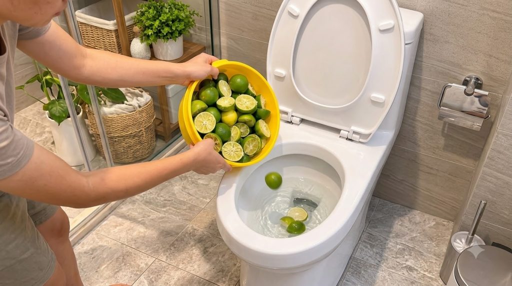 A person s hands holding a vibrant yellow bowl overflowing with both whole and halved green limes over a white toilet bo