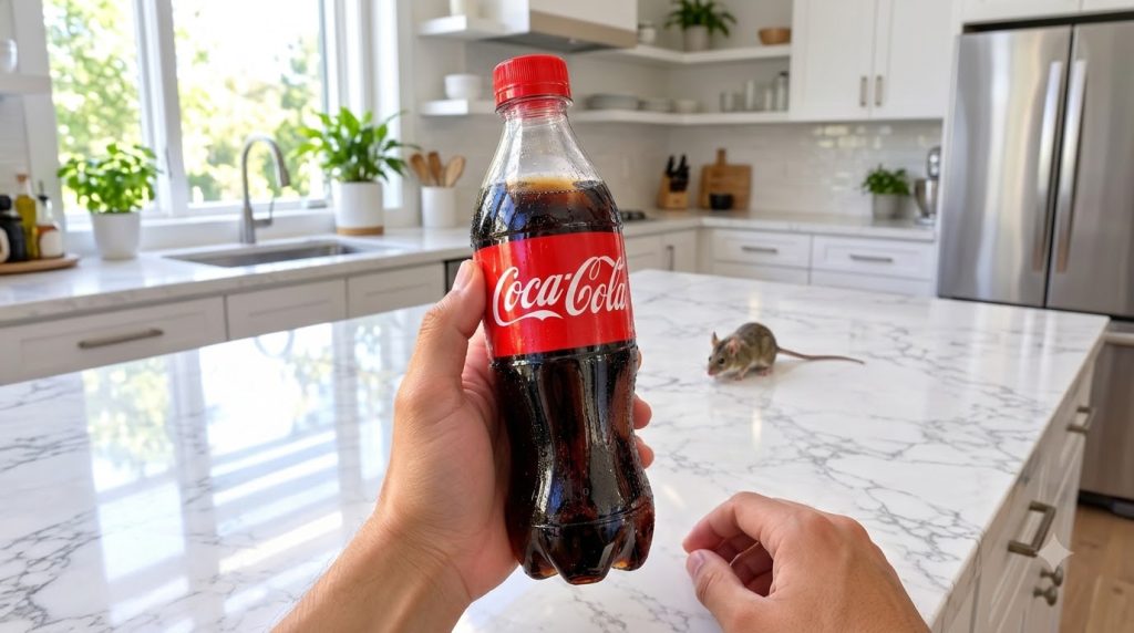 A hand holding a cold Coca-Cola bottle in a modern kitchen with a small out-of-focus mouse visible on the marble counter