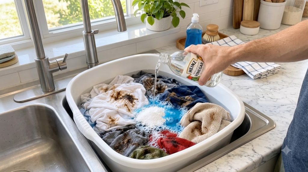 A hand pouring white vinegar into a laundry tub filled with dirty clothes and a cleaning mixture creating ripples