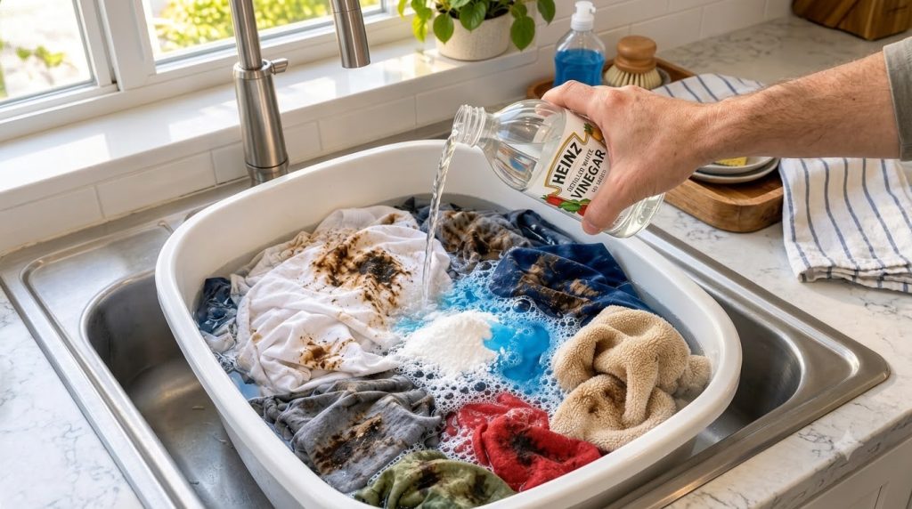 An overhead close-up of a white laundry tub filled with heavily soiled clothes A hand is pouring white vinegar into the 