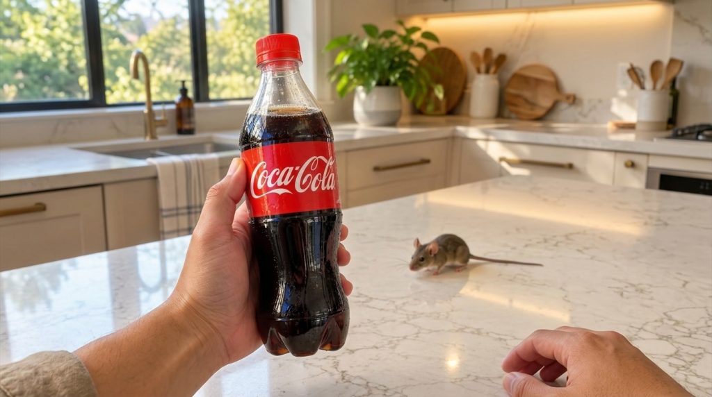 A hand holding a cold Coca-Cola bottle with a small mouse on a kitchen counter in the background