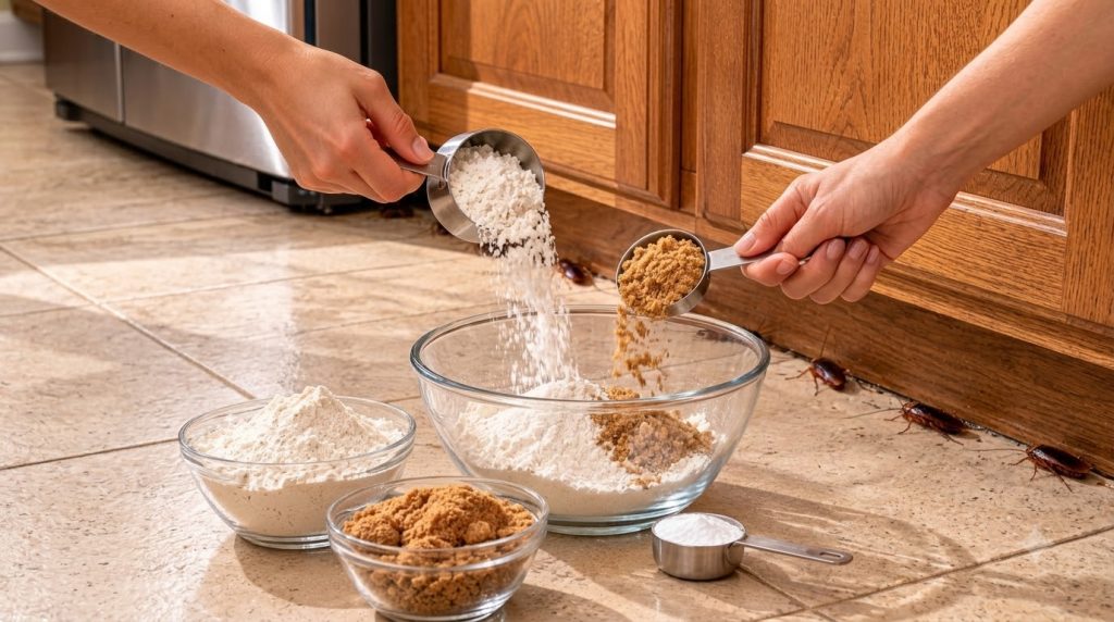 Hands mixing flour brown sugar and baking soda in a bowl on a kitchen countertop with a subtle hint of a clean kitchen b