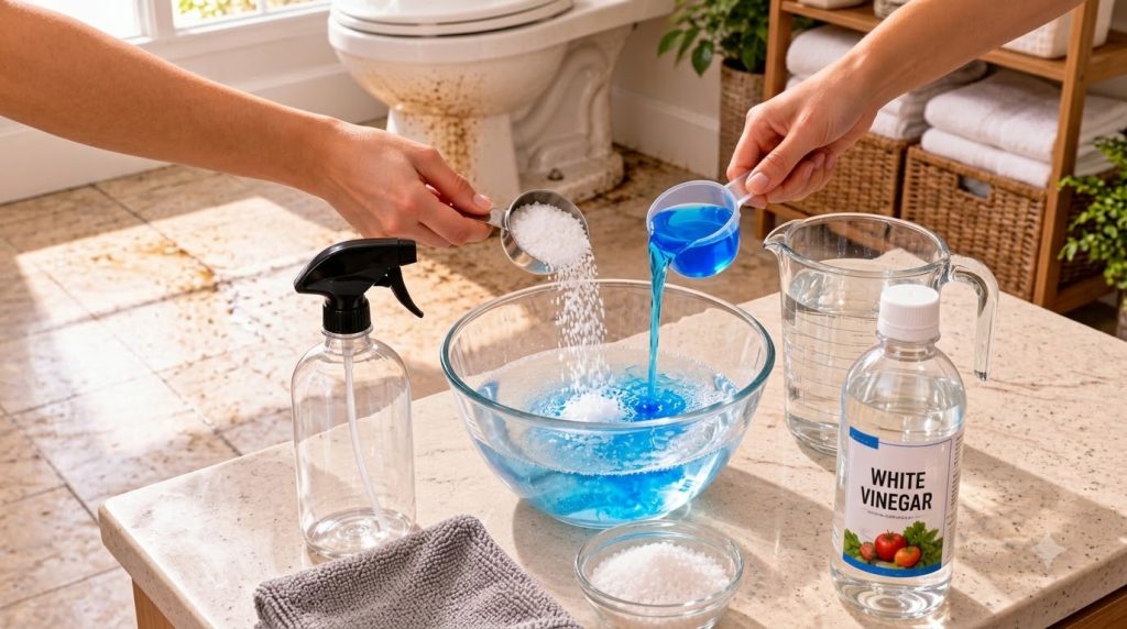 Hands mixing white granules and blue liquid into a bowl of water with cleaning supplies and a soiled toilet in the backg