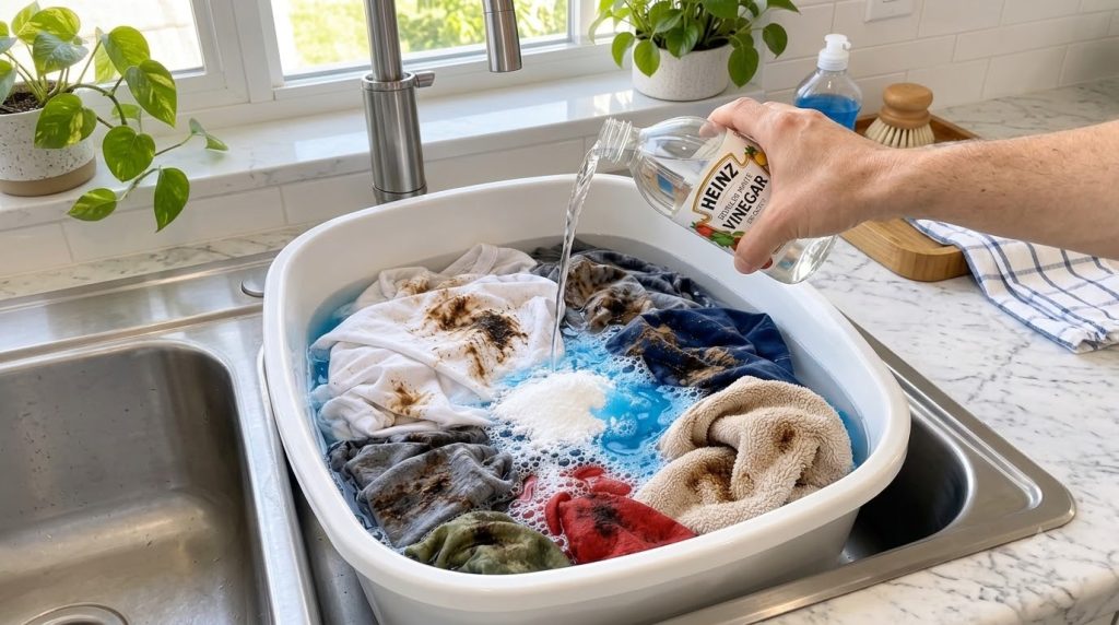 A person s hand pouring white vinegar into a tub of dirty clothes with a pile of white powder and blue cleaning solution