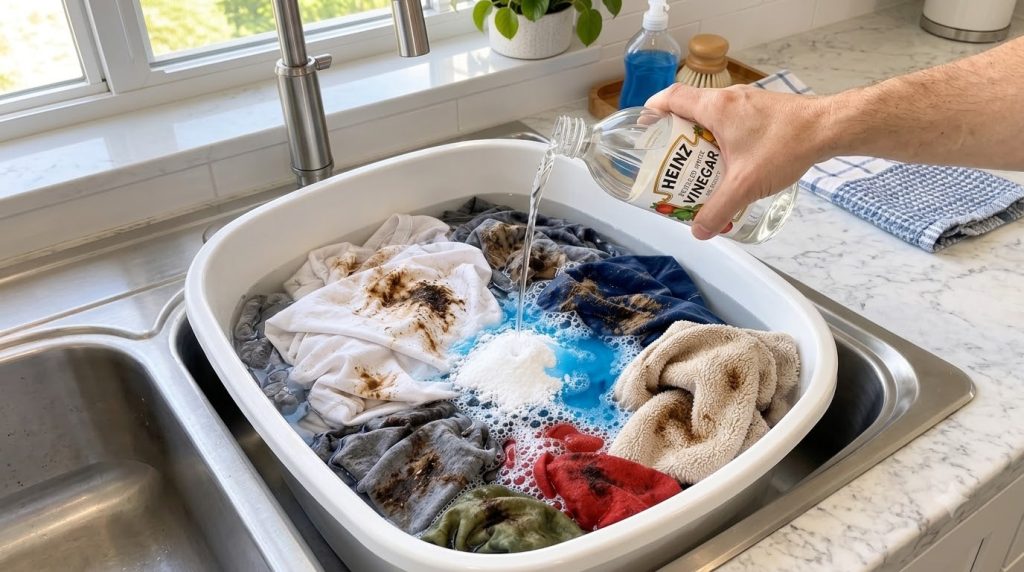 A hand pouring white vinegar from a Heinz bottle into a white laundry tub filled with dirty clothes water blue liquid an