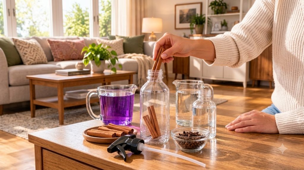 A hand placing a cinnamon stick into a clear glass bottle surrounded by ingredients for a homemade air freshener like cl