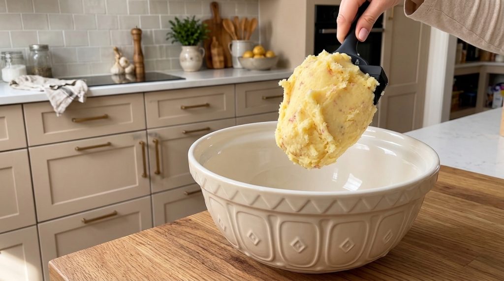 A generous scoop of creamy mashed potatoes speckled with red potato skin remnants held aloft by a hand gripping a black 