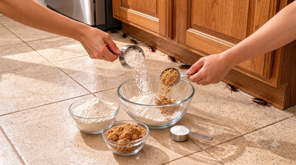 Hands mixing white flour brown sugar and baking soda in a bowl on a kitchen counter with a blurred background showing su