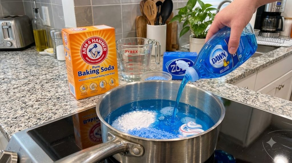 A hand pouring blue dish soap into a pot already containing baking soda toothpaste and blue granules on a stovetop with