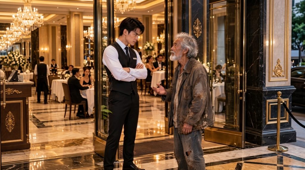 A young impeccably dressed hotel staff member stands facing an older disheveled man at the threshold of a luxurious rest