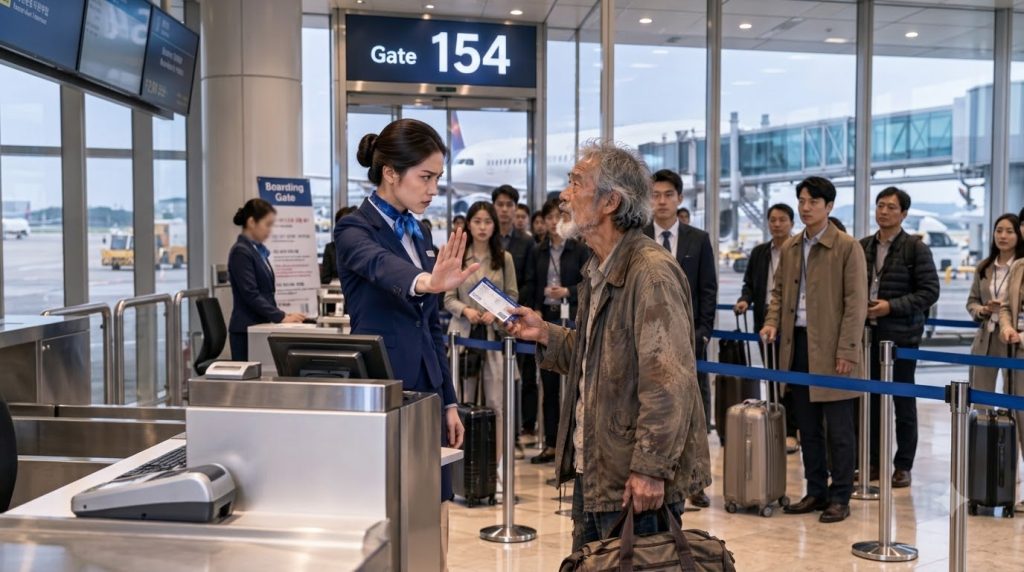 A tense confrontation between an elderly man in worn clothing and a stern young female airline gate agent at Gate 154 Th