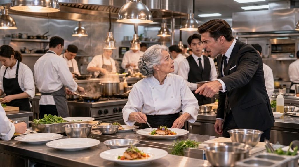 An elderly female chef calmly facing an angry male manager in a bustling professional kitchen
