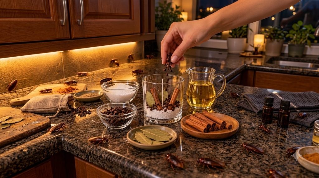 A hand dropping cloves into a glass container with salt cinnamon sticks and bay leaves on a dark kitchen countertop with