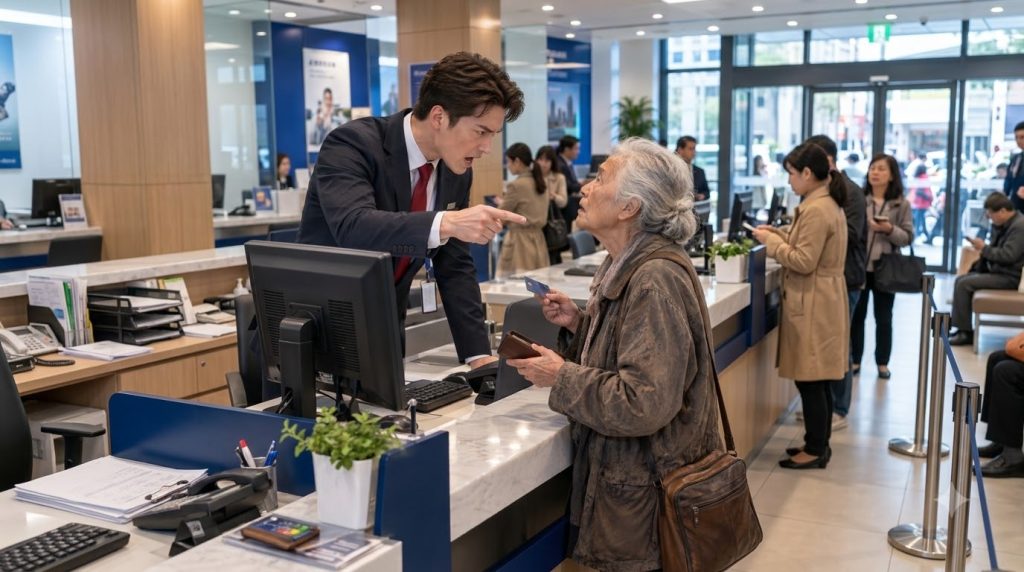 A tense customer service interaction between a visibly angry male bank employee pointing and a distressed elderly woman