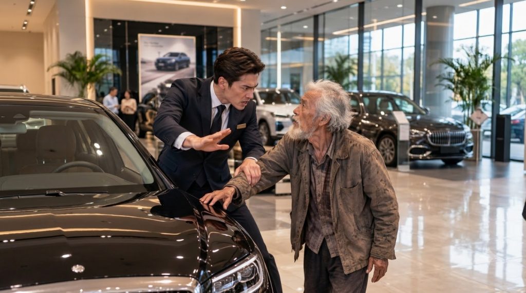 A young stern car salesman in a suit confronts an elderly disheveled man in a luxury car showroom leaning over a glossy