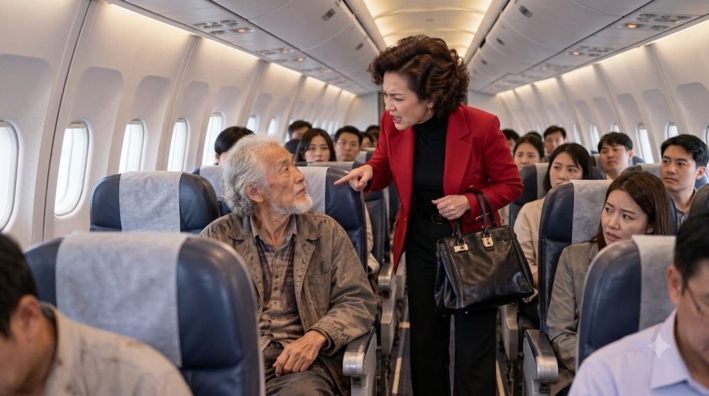 A tense confrontation inside an airplane cabin An older disheveled man sits looking up while a stern-faced woman in a re