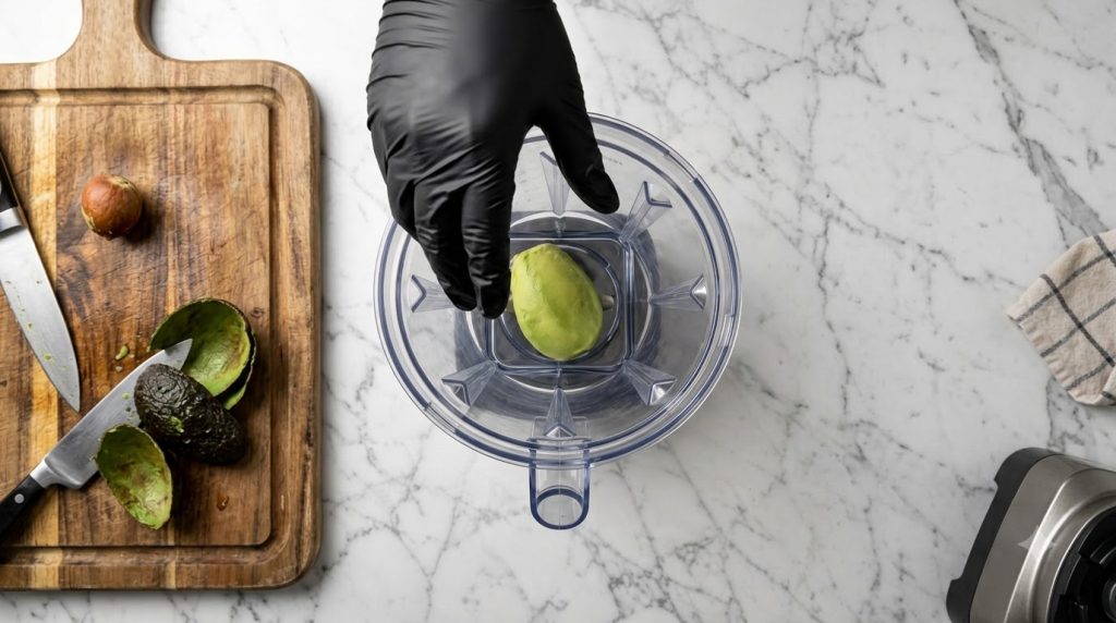 A gloved hand dropping a peeled avocado half into a clear blender pitcher on a white marble countertop