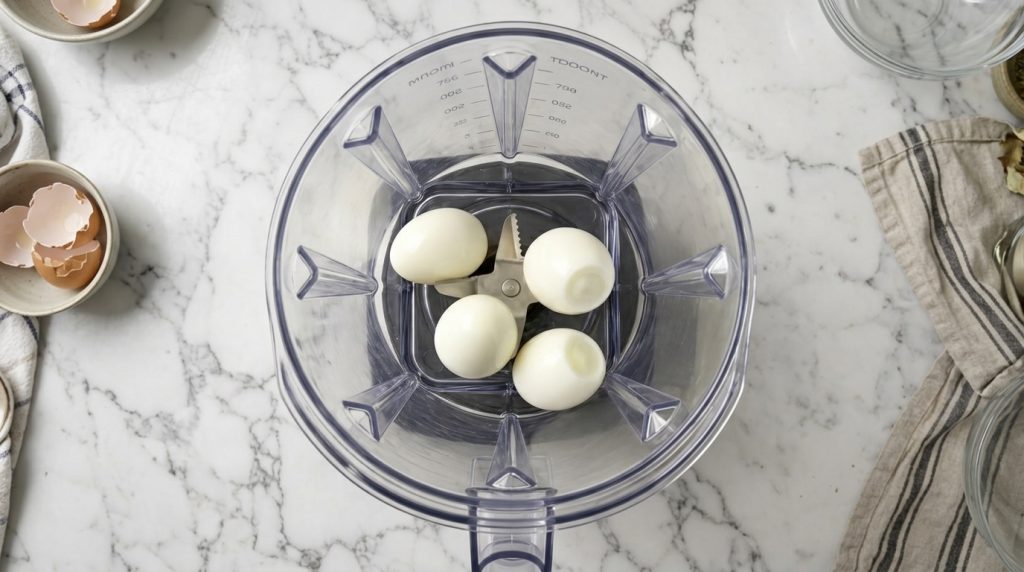 Peeled hard-boiled eggs in a clear blender container ready to be mashed or chopped