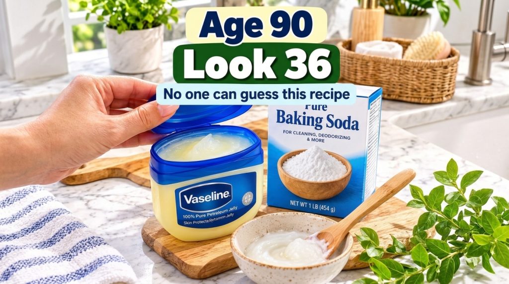 A hand holding a jar of Vaseline with ground coffee next to it and a small ceramic bowl containing a creamy mixture and 