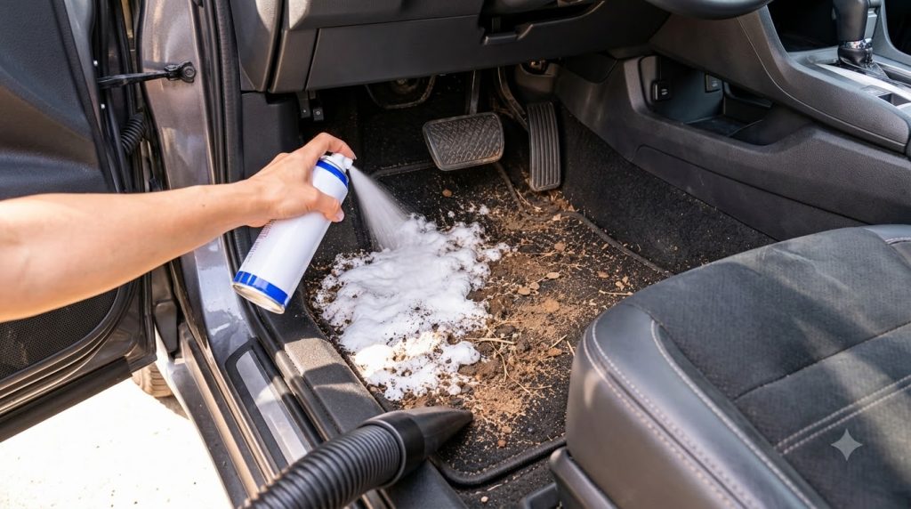 A hand spraying white cleaning foam onto a dirty car floor mat with visible dirt and debris and a vacuum cleaner nozzle 