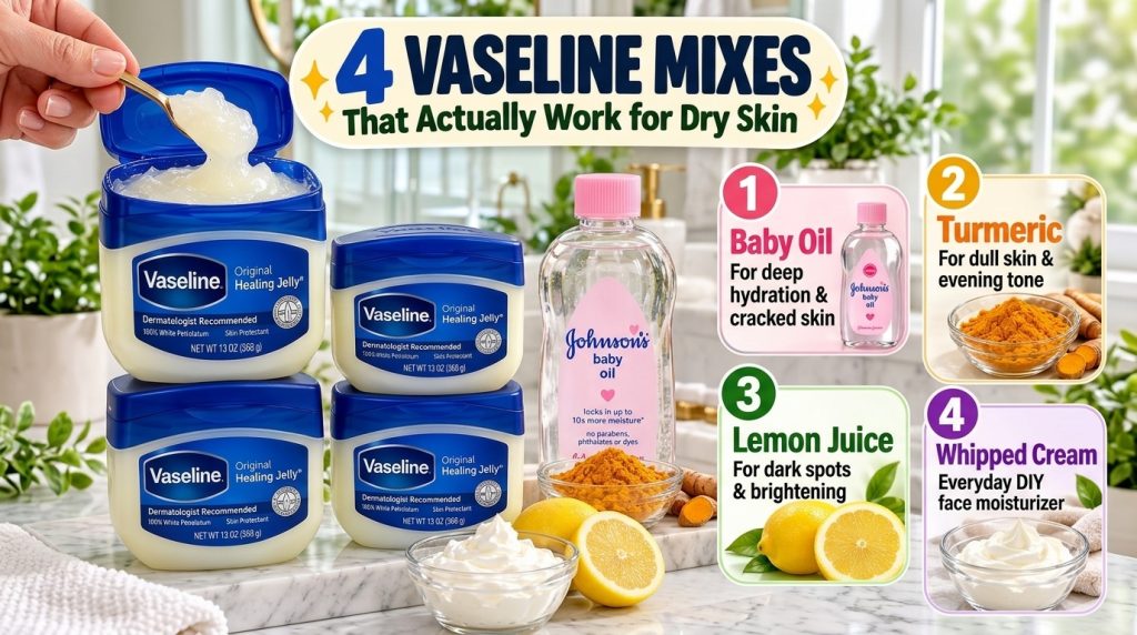 Various skincare ingredients including Vaseline baby oil turmeric lemons and whipped cream arranged on a marble surface 
