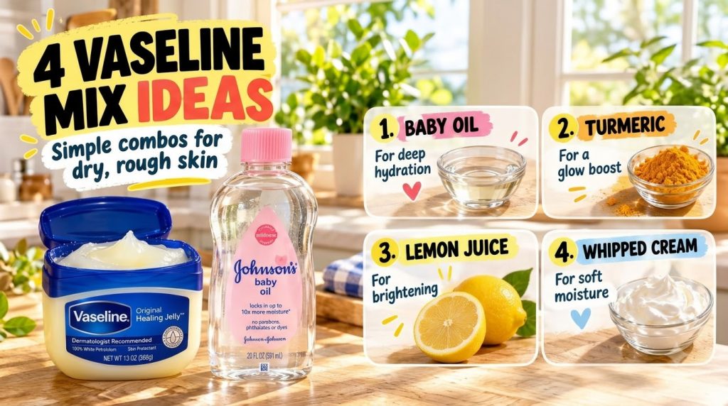 A visual display of skincare products and natural ingredients a large tub of Vaseline Original Healing Jelly and a bottl