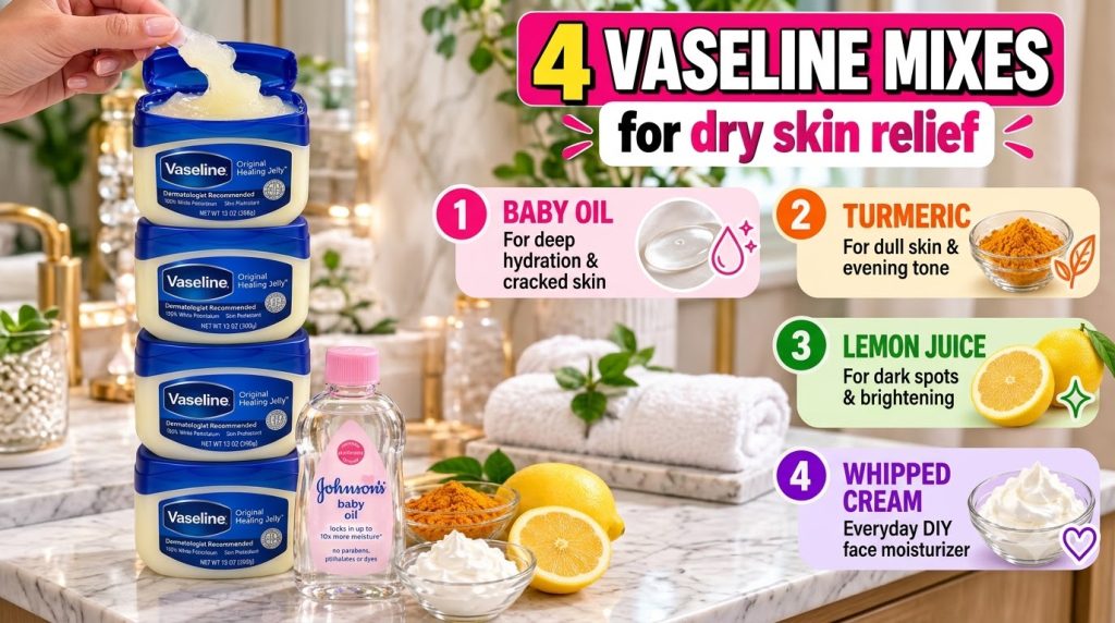 A hand scooping Vaseline jelly from a jar with four jars stacked and four numbered information blocks about Vaseline mix