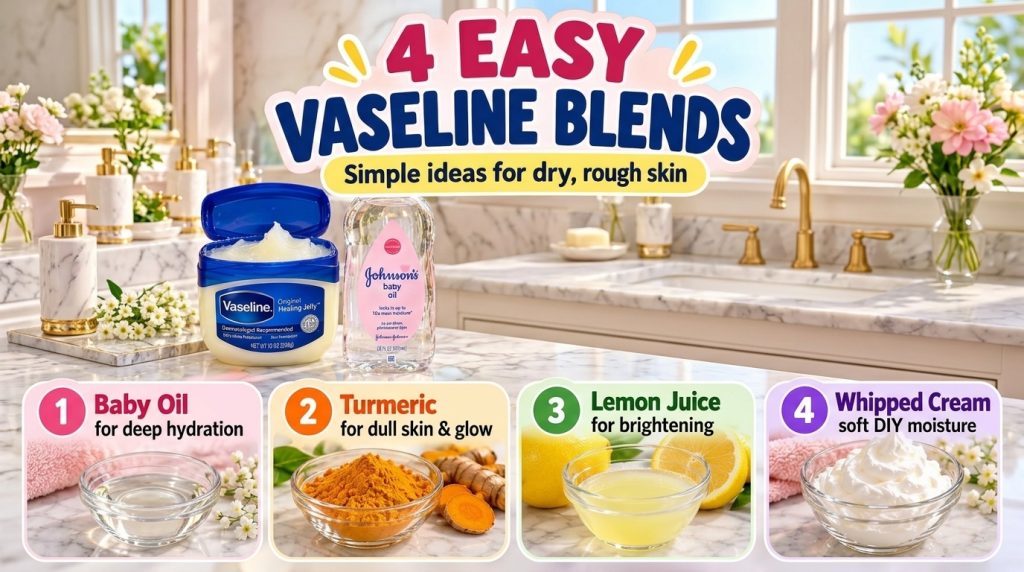 An infographic showing 4 easy Vaseline blends with an open jar of Vaseline and a bottle of baby oil at the top and separ