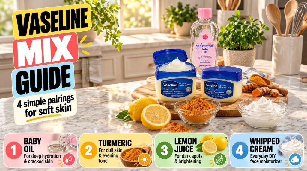 A visual guide displaying various ingredients for Vaseline mixes including Vaseline jars baby oil lemons turmeric and wh