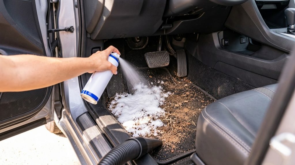 A close-up of a dirty car footwell with a hand spraying white cleaning foam onto a black car mat a vacuum hose ready in