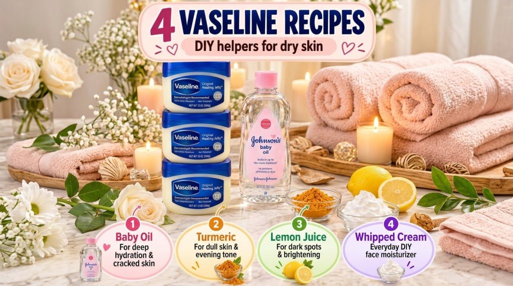 An arrangement of skincare ingredients Vaseline tubs baby oil bottle bowls of turmeric and whipped cream and fresh lemon