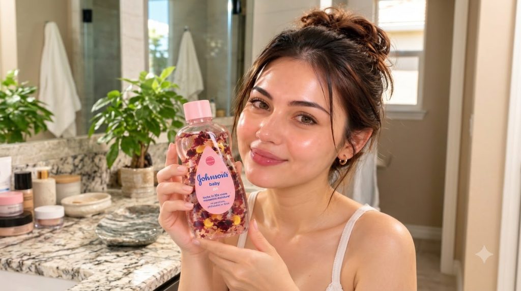 A smiling woman with glowing skin holds a transparent bottle of homemade baby oil infused with rose petals and lemon sli
