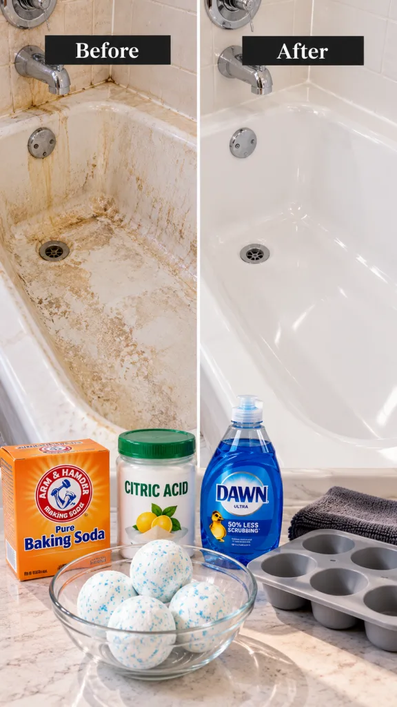 A vertical split-screen image showing a heavily stained bathtub on the left Before and a sparkling clean bathtub on the 