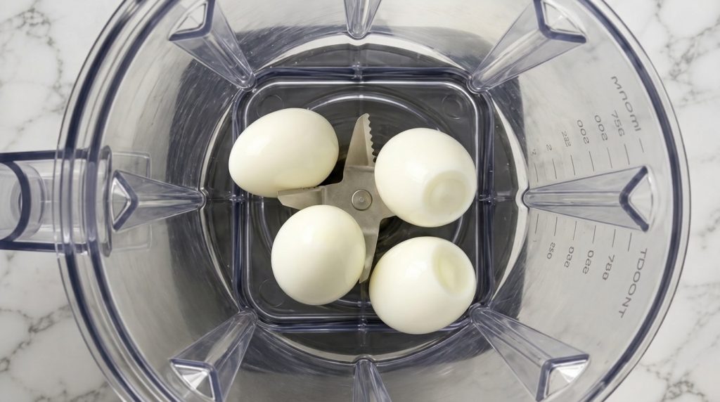 Four perfectly peeled hard-boiled eggs resting inside a clear blender jar positioned around the central blade mechanism 