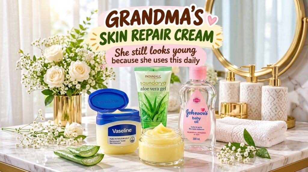 A collection of skincare products including Vaseline petroleum jelly aloe vera gel and baby oil arranged on a light marb